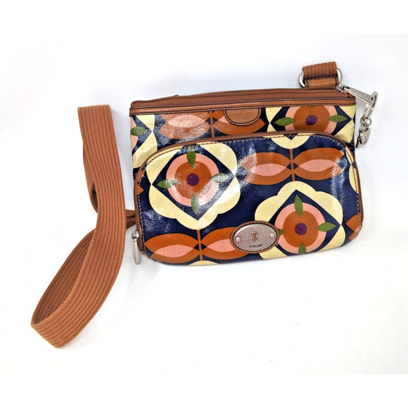 Fossil Purse Key-Per Colourful Coated Canvas Leather Trim Charms Crossbody Bag - Picture 1 of 6